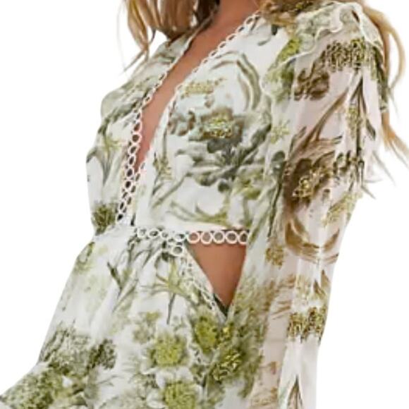 Asos Floral Cluster Embellished Long Sleeve Cut Out Ruffled Mini Dress Size 6 - Picture 7 of 15